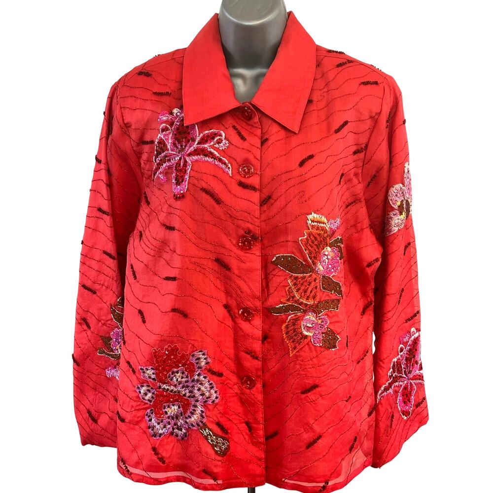 Anage Red Sequined Embroidered Flowers & Beaded XL Silk Blouse Shirt Vintage